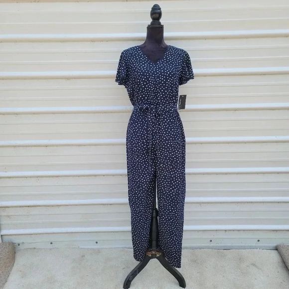 NWT En Focus Studio Women Navy Blue Polka Dot V-Neck Jumpsuit sz 6 - Picture 1 of 12